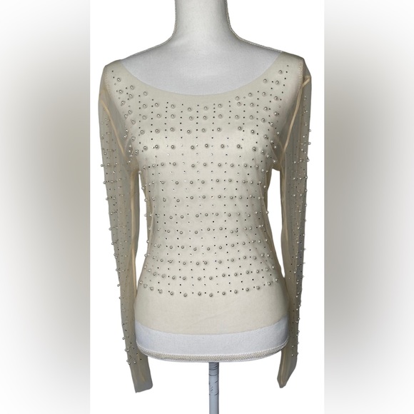 FASHION CLASSIC COLLECTION Nude Sheer Mesh See Through Pearl Diamond Crop Top, L - Picture 15 of 16